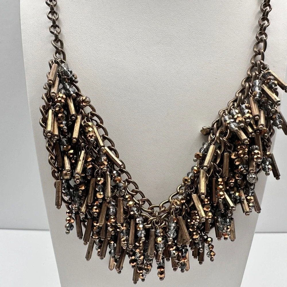 Vintage 90s Bronze Bib Necklace Glass Bead Tassel Fringe Statement Piece